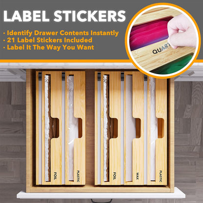 WrapNeat 2 in 1 Wrap Organizer with Cutter and Labels, Plastic Wrap, Aluminum Foil and Wax Bamboo Dispenser for Kitchen Storage Organization Holder for 12" Roll (Natural)