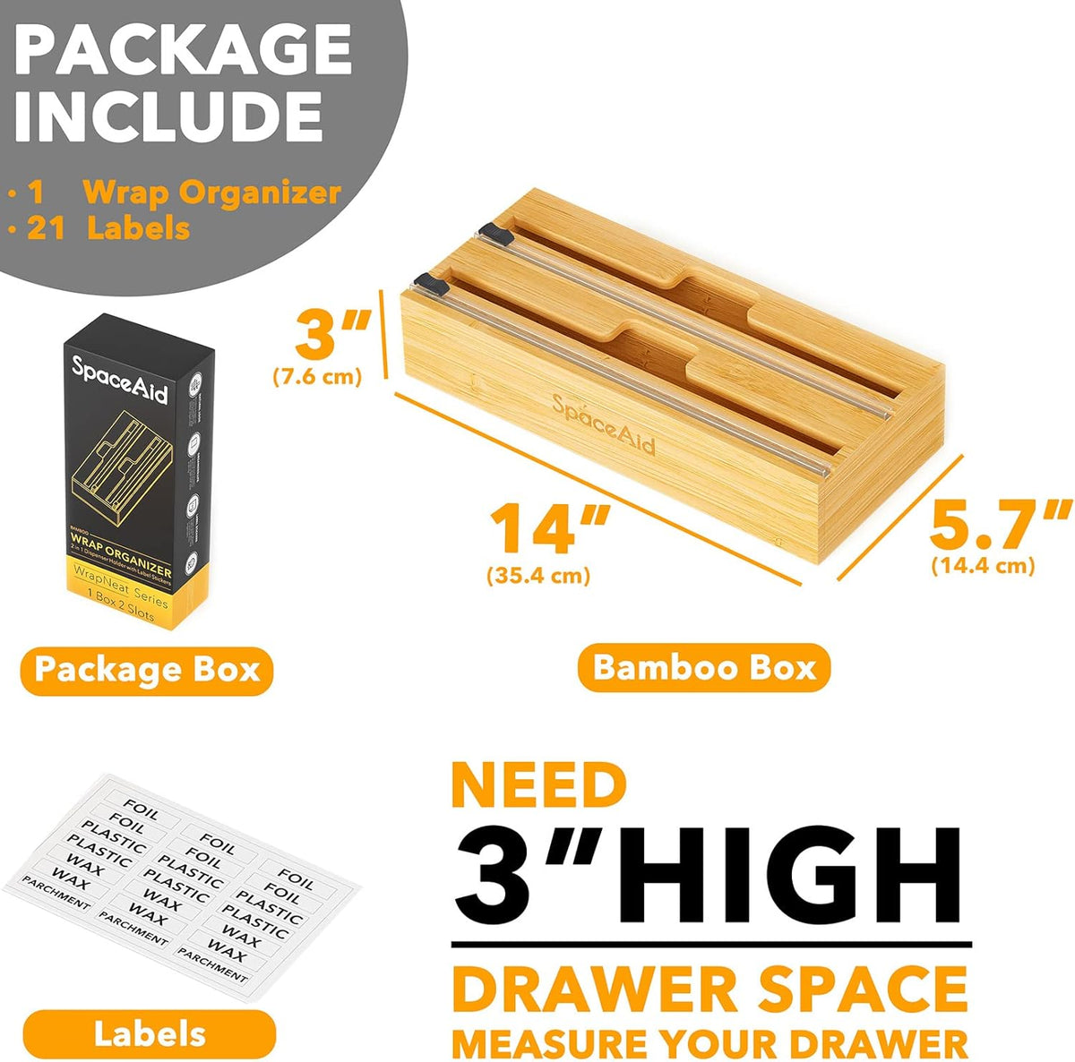WrapNeat 2 in 1 Wrap Organizer with Cutter and Labels, Plastic Wrap, Aluminum Foil and Wax Bamboo Dispenser for Kitchen Storage Organization Holder for 12" Roll (Natural)