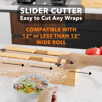 WrapNeat 2 in 1 Wrap Organizer with Cutter and Labels, Plastic Wrap, Aluminum Foil and Wax Bamboo Dispenser for Kitchen Storage Organization Holder for 12" Roll (Natural)