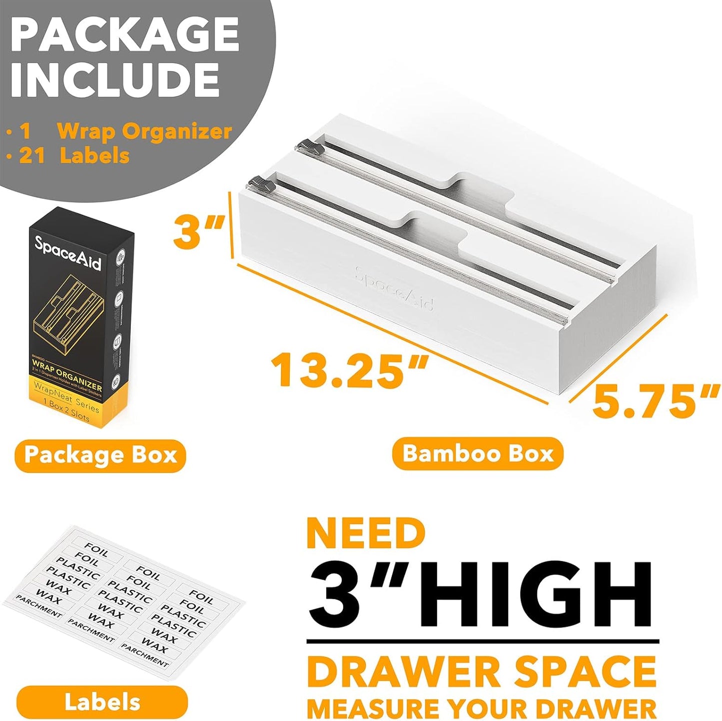 WrapNeat 2 in 1 Wrap Organizer with Cutter and Labels, Plastic Wrap, Aluminum Foil and Wax Bamboo Dispenser for Kitchen Storage Organization Holder for 12" Roll (Natural)