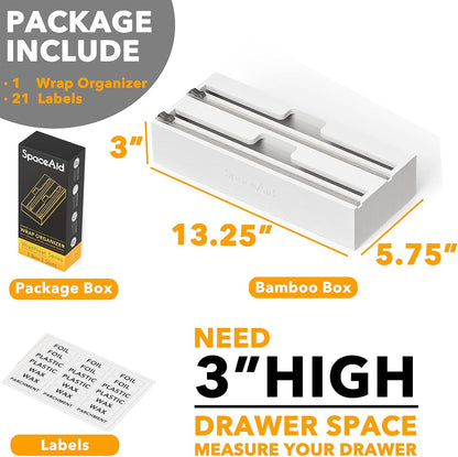 WrapNeat 2 in 1 Wrap Organizer with Cutter and Labels, Plastic Wrap, Aluminum Foil and Wax Bamboo Dispenser for Kitchen Storage Organization Holder for 12" Roll (Natural)