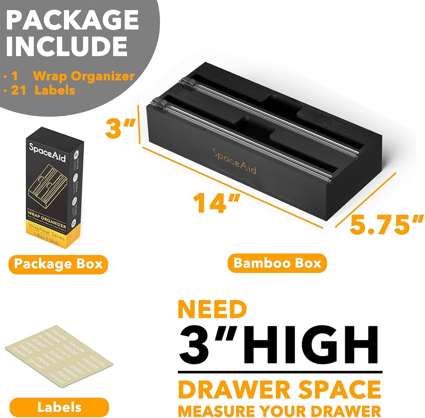 WrapNeat 2 in 1 Wrap Organizer with Cutter and Labels, Plastic Wrap, Aluminum Foil and Wax Bamboo Dispenser for Kitchen Storage Organization Holder for 12" Roll (Natural)