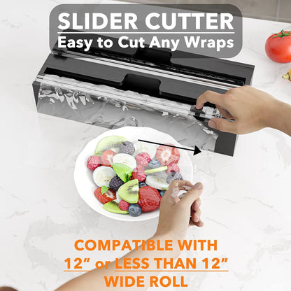 WrapNeat 2 in 1 Wrap Organizer with Cutter and Labels, Plastic Wrap, Aluminum Foil and Wax Bamboo Dispenser for Kitchen Storage Organization Holder for 12" Roll (Natural)