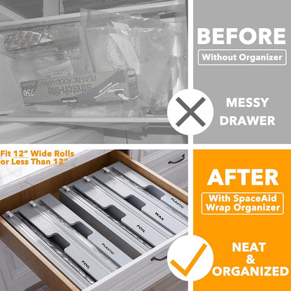 WrapNeat 2 in 1 Wrap Organizer with Cutter and Labels, Plastic Wrap, Aluminum Foil and Wax Bamboo Dispenser for Kitchen Storage Organization Holder for 12" Roll (Natural)