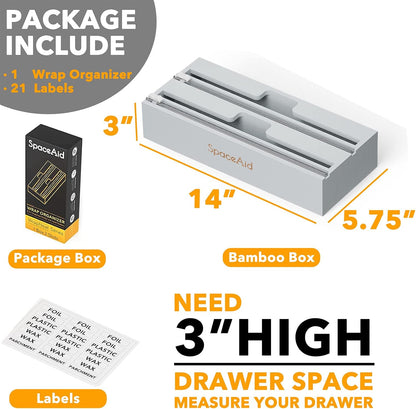 WrapNeat 2 in 1 Wrap Organizer with Cutter and Labels, Plastic Wrap, Aluminum Foil and Wax Bamboo Dispenser for Kitchen Storage Organization Holder for 12" Roll (Natural)