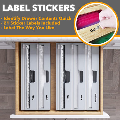 WrapNeat 2 in 1 Wrap Organizer with Cutter and Labels, Plastic Wrap, Aluminum Foil and Wax Bamboo Dispenser for Kitchen Storage Organization Holder for 12" Roll (Natural)