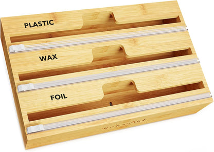 WrapNeat 2 in 1 Wrap Organizer with Cutter and Labels, Plastic Wrap, Aluminum Foil and Wax Bamboo Dispenser for Kitchen Storage Organization Holder for 12" Roll (Natural)