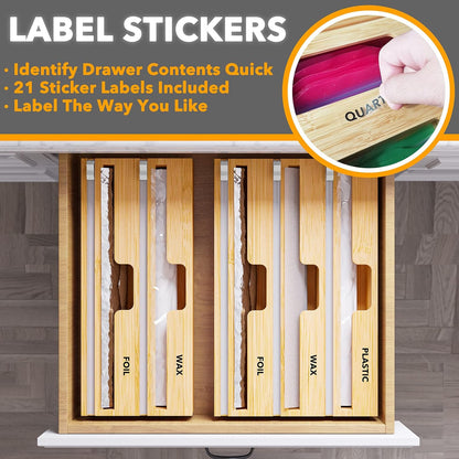 WrapNeat 2 in 1 Wrap Organizer with Cutter and Labels, Plastic Wrap, Aluminum Foil and Wax Bamboo Dispenser for Kitchen Storage Organization Holder for 12" Roll (Natural)