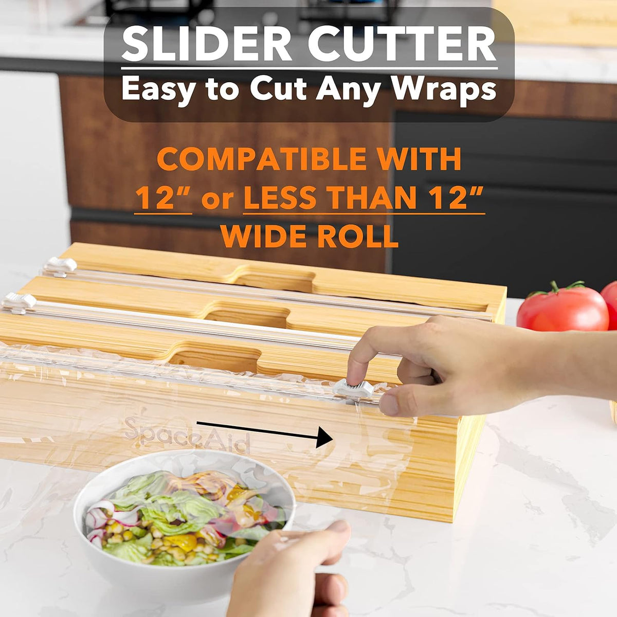 WrapNeat 2 in 1 Wrap Organizer with Cutter and Labels, Plastic Wrap, Aluminum Foil and Wax Bamboo Dispenser for Kitchen Storage Organization Holder for 12" Roll (Natural)