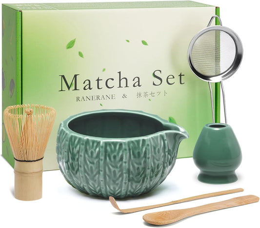 6-Piece Matcha Set, Matcha Whisk (Chasen) & Holder, Matcha Bowl with Spout, Sifter & Spoon, Bamboo & Ceramic, Dark Green