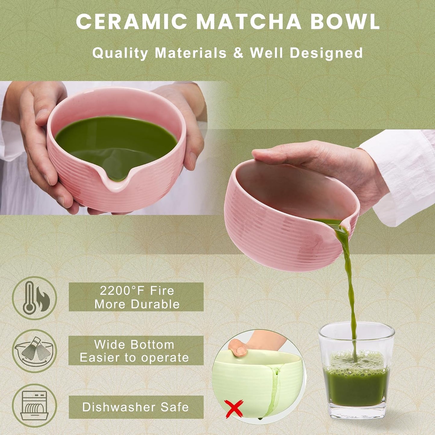 6-Piece Matcha Set, Matcha Whisk (Chasen) & Holder, Matcha Bowl with Spout, Sifter & Spoon, Bamboo & Ceramic, Dark Green