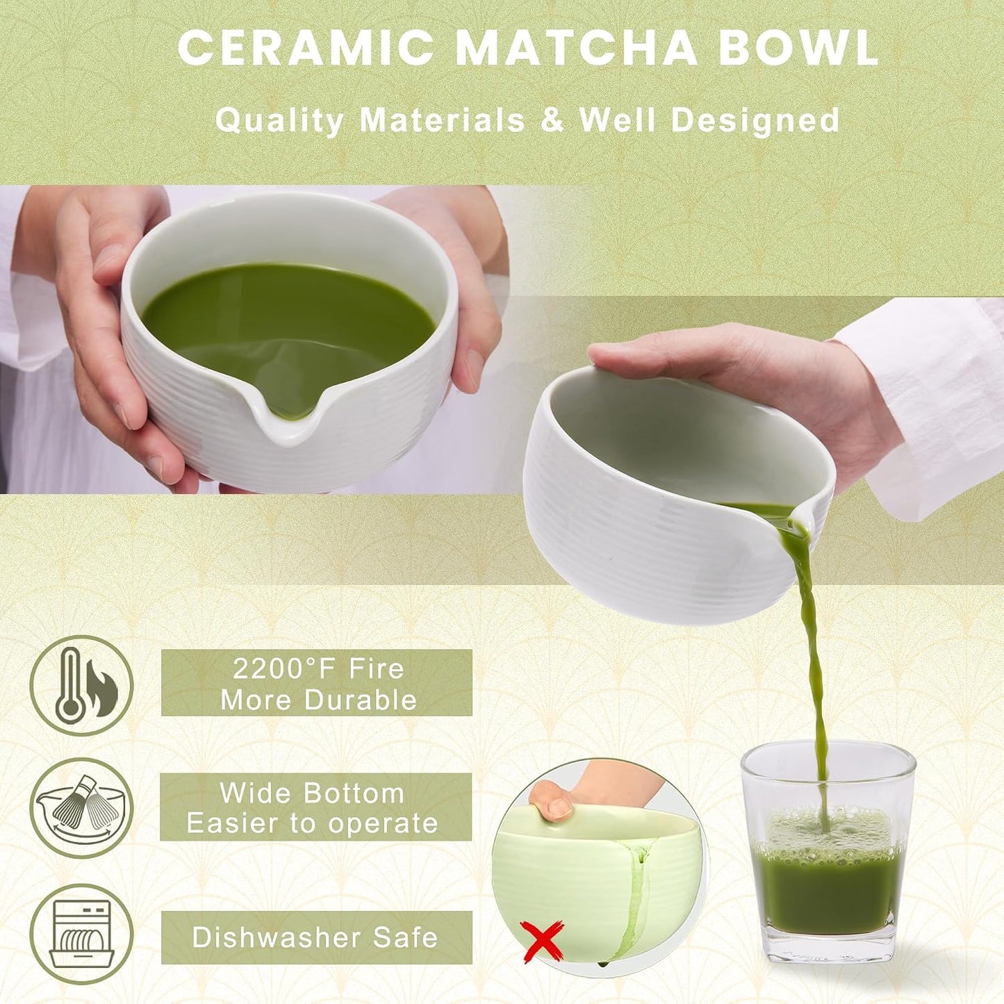 6-Piece Matcha Set, Matcha Whisk (Chasen) & Holder, Matcha Bowl with Spout, Sifter & Spoon, Bamboo & Ceramic, Dark Green