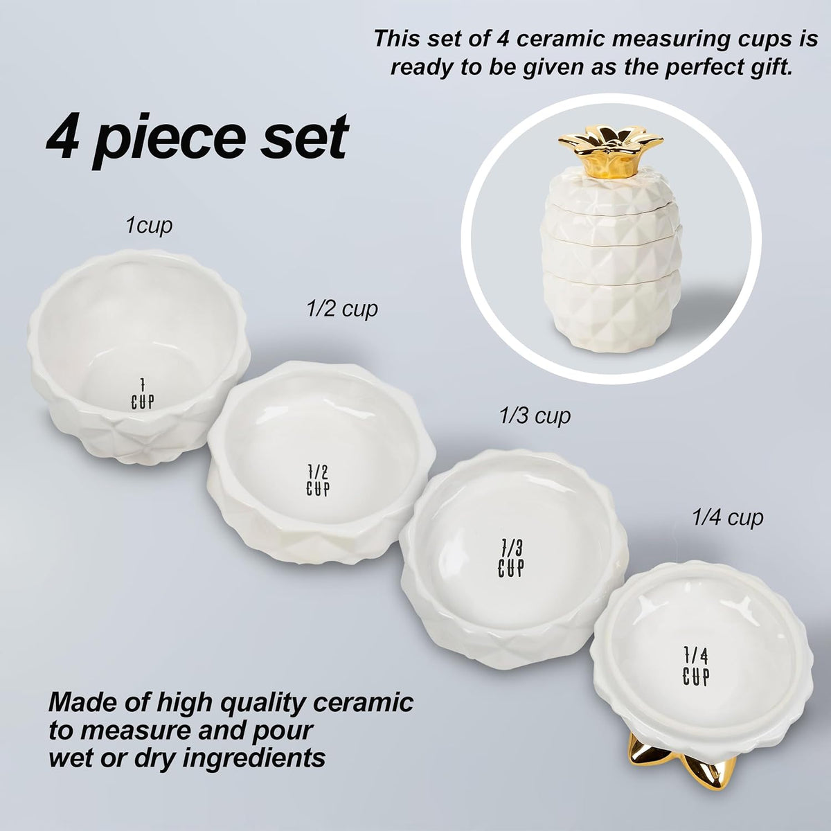 White Cat Measuring Cups & Spoons Gift Set – Ceramic Kitchen Tools for Cat Lovers & Bakers – 4 Measuring Cups and 4 Measuring Spoons – Unique Gift for Kitchen, Baking, and Cat Lovers