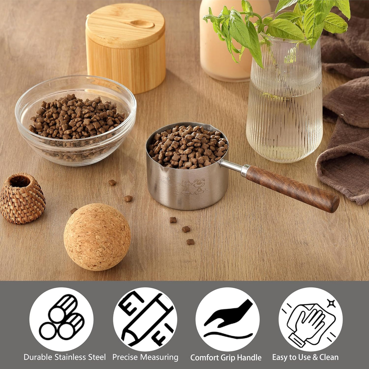 Dog Cat Food Scoop Measuring Cup, Stainless Steel 1 Cup Measuring Cup, Precision Scale Measurements