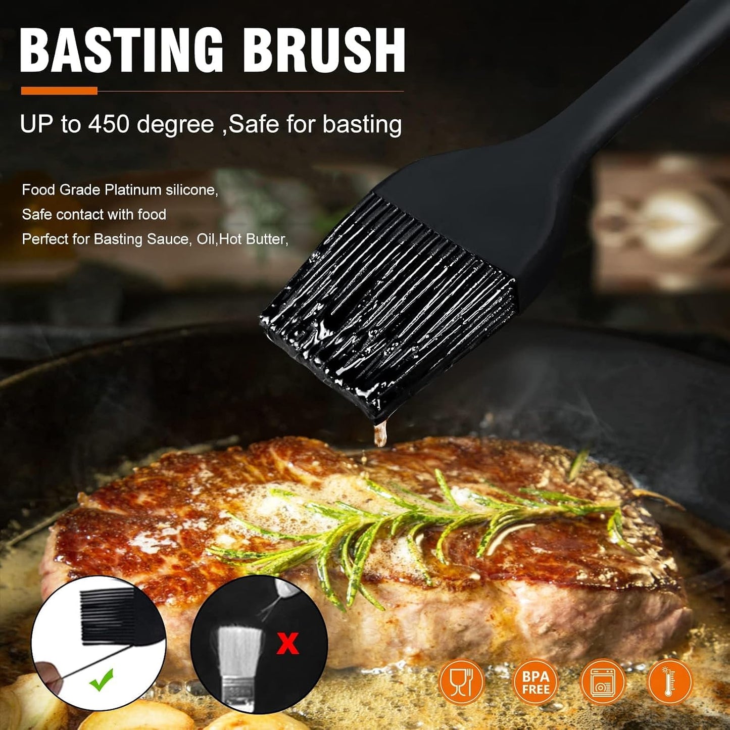 600°F Heat Resistant Silicone Basting Brushes BPA Free Pastry Brush, Spread Oil Butter Sauce for BBQ Grill Baking Kitchen Cooking, Dishwasher Safe (2 SIZE)