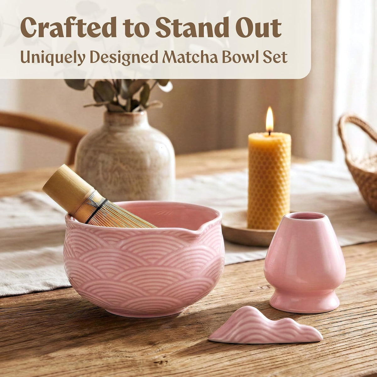 Matcha Whisk Set, 7 Pcs Matcha Kit with Bowl - Sakura Pink