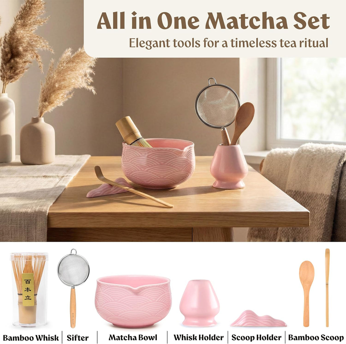Matcha Whisk Set, 7 Pcs Matcha Kit with Bowl - Sakura Pink
