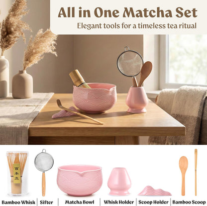 Matcha Whisk Set, 7 Pcs Matcha Kit with Bowl - Sakura Pink