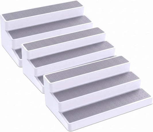 3 Tier Spice Rack Organizer for Cabinet, 3 Pack Non-Slip Spice Rack Shelf Organizer, Holds 24+ Jars, Plastic Spice Organizer for Cabinet, Pantry & Kitchen Countertop, White