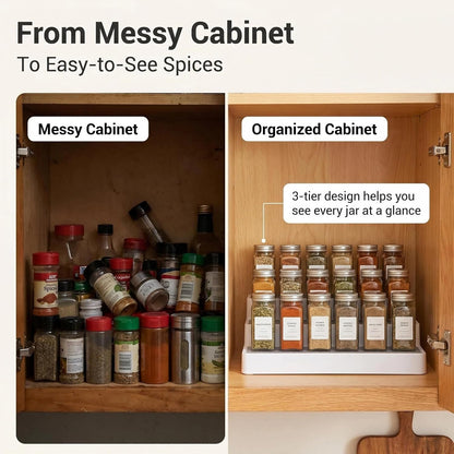 3 Tier Spice Rack Organizer for Cabinet, 3 Pack Non-Slip Spice Rack Shelf Organizer, Holds 24+ Jars, Plastic Spice Organizer for Cabinet, Pantry & Kitchen Countertop, White