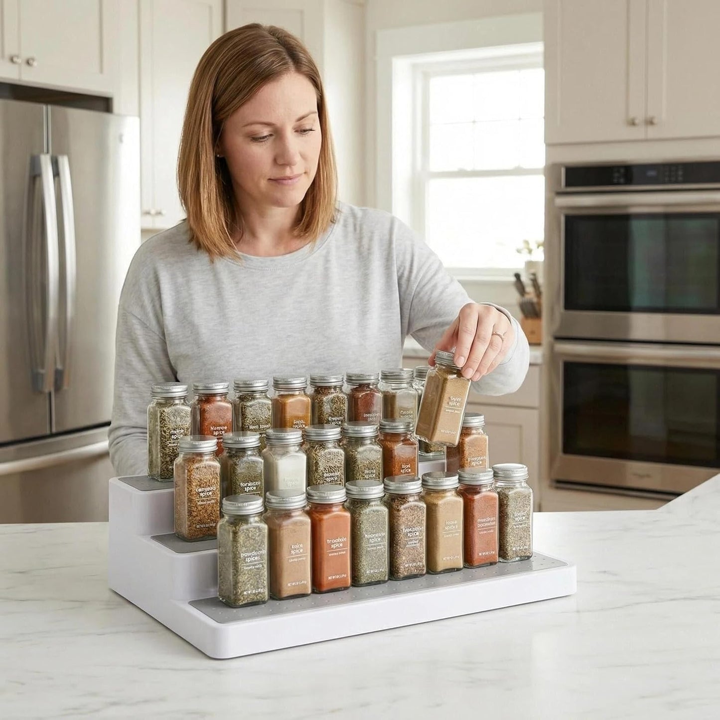 3 Tier Spice Rack Organizer for Cabinet, 3 Pack Non-Slip Spice Rack Shelf Organizer, Holds 24+ Jars, Plastic Spice Organizer for Cabinet, Pantry & Kitchen Countertop, White