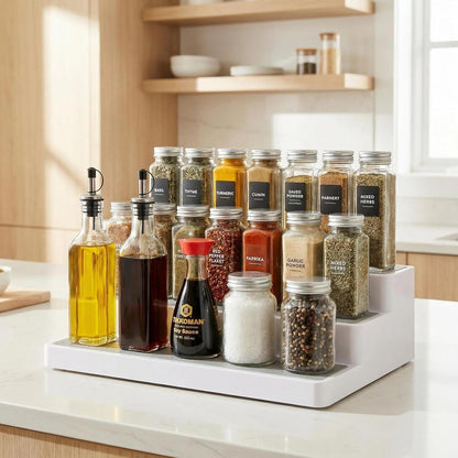 3 Tier Spice Rack Organizer for Cabinet, 3 Pack Non-Slip Spice Rack Shelf Organizer, Holds 24+ Jars, Plastic Spice Organizer for Cabinet, Pantry & Kitchen Countertop, White