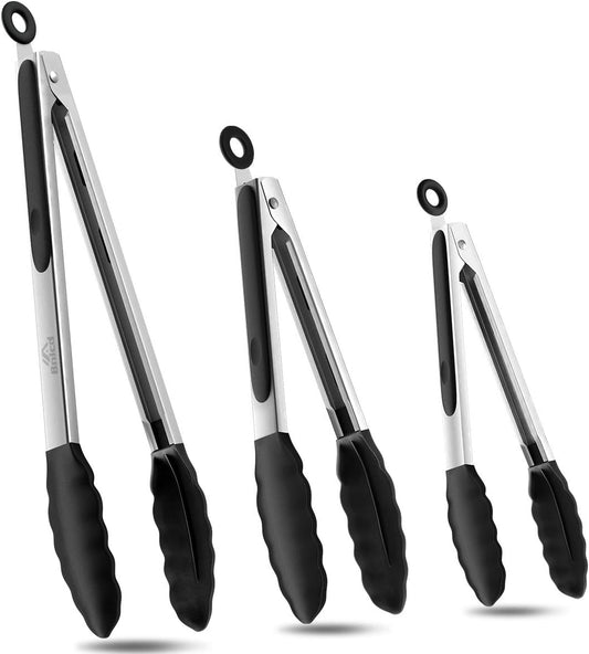 Good Grip Cooking Tongs with Silicone Tips, Set of 3-7" 9" and 12" | 600ºF Heat Resistant, 5-Layer Heavy Duty Stainless Steel, Pull Lock, Non Stick - Kitchen Tongs for Salad, Cooking and Frying