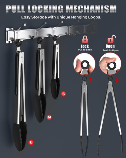 Good Grip Cooking Tongs with Silicone Tips, Set of 3-7" 9" and 12" | 600ºF Heat Resistant, 5-Layer Heavy Duty Stainless Steel, Pull Lock, Non Stick - Kitchen Tongs for Salad, Cooking and Frying