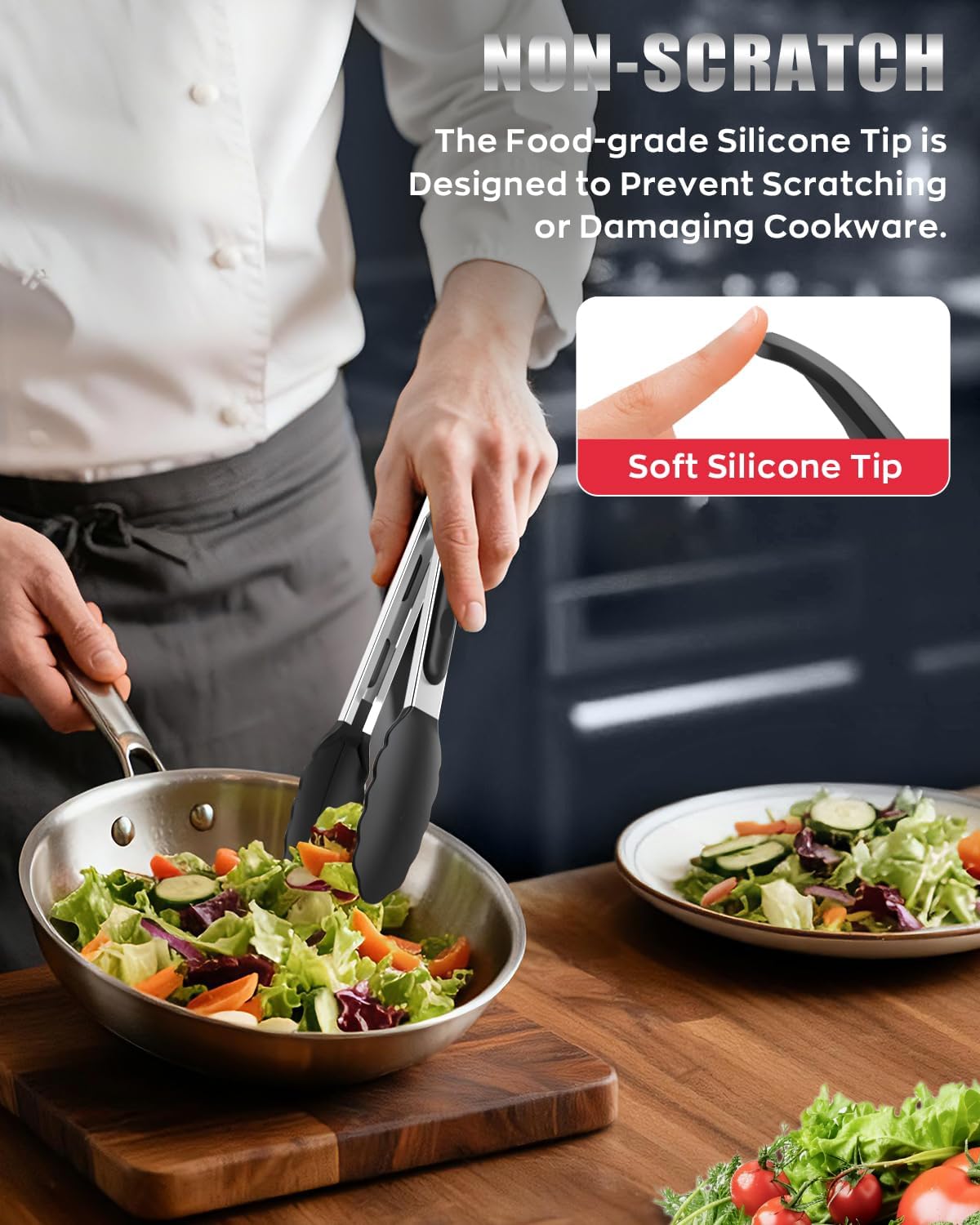 Good Grip Cooking Tongs with Silicone Tips, Set of 3-7" 9" and 12" | 600ºF Heat Resistant, 5-Layer Heavy Duty Stainless Steel, Pull Lock, Non Stick - Kitchen Tongs for Salad, Cooking and Frying