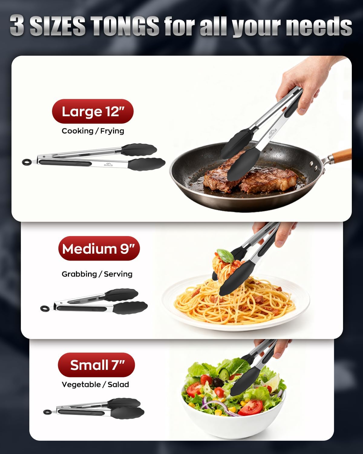 Good Grip Cooking Tongs with Silicone Tips, Set of 3-7" 9" and 12" | 600ºF Heat Resistant, 5-Layer Heavy Duty Stainless Steel, Pull Lock, Non Stick - Kitchen Tongs for Salad, Cooking and Frying