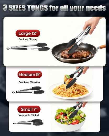 Good Grip Cooking Tongs with Silicone Tips, Set of 3-7" 9" and 12" | 600ºF Heat Resistant, 5-Layer Heavy Duty Stainless Steel, Pull Lock, Non Stick - Kitchen Tongs for Salad, Cooking and Frying