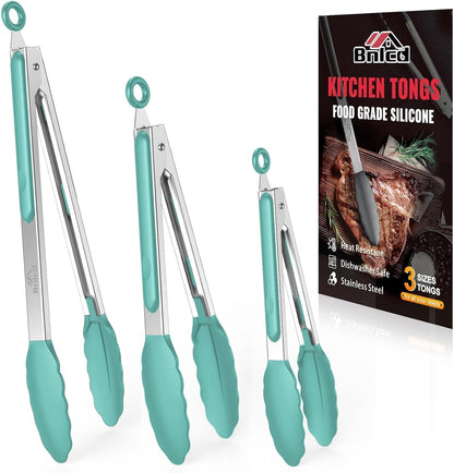 Good Grip Cooking Tongs with Silicone Tips, Set of 3-7" 9" and 12" | 600ºF Heat Resistant, 5-Layer Heavy Duty Stainless Steel, Pull Lock, Non Stick - Kitchen Tongs for Salad, Cooking and Frying