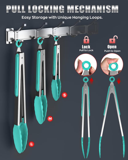 Good Grip Cooking Tongs with Silicone Tips, Set of 3-7" 9" and 12" | 600ºF Heat Resistant, 5-Layer Heavy Duty Stainless Steel, Pull Lock, Non Stick - Kitchen Tongs for Salad, Cooking and Frying