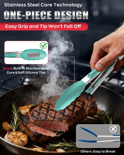 Good Grip Cooking Tongs with Silicone Tips, Set of 3-7" 9" and 12" | 600ºF Heat Resistant, 5-Layer Heavy Duty Stainless Steel, Pull Lock, Non Stick - Kitchen Tongs for Salad, Cooking and Frying