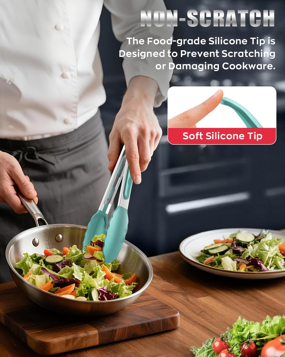 Good Grip Cooking Tongs with Silicone Tips, Set of 3-7" 9" and 12" | 600ºF Heat Resistant, 5-Layer Heavy Duty Stainless Steel, Pull Lock, Non Stick - Kitchen Tongs for Salad, Cooking and Frying