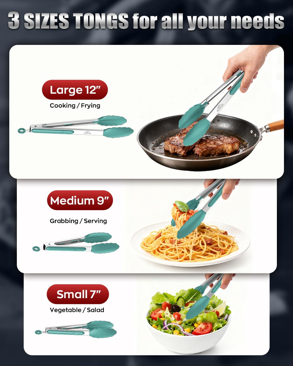 Good Grip Cooking Tongs with Silicone Tips, Set of 3-7" 9" and 12" | 600ºF Heat Resistant, 5-Layer Heavy Duty Stainless Steel, Pull Lock, Non Stick - Kitchen Tongs for Salad, Cooking and Frying