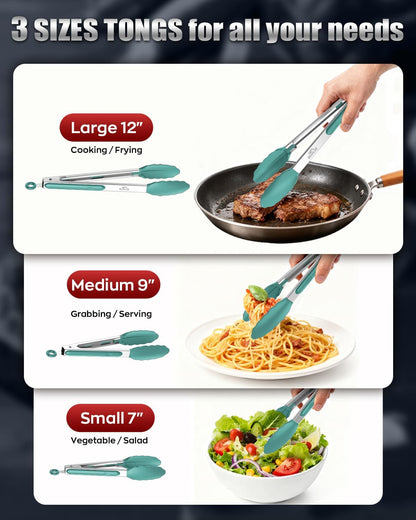 Good Grip Cooking Tongs with Silicone Tips, Set of 3-7" 9" and 12" | 600ºF Heat Resistant, 5-Layer Heavy Duty Stainless Steel, Pull Lock, Non Stick - Kitchen Tongs for Salad, Cooking and Frying