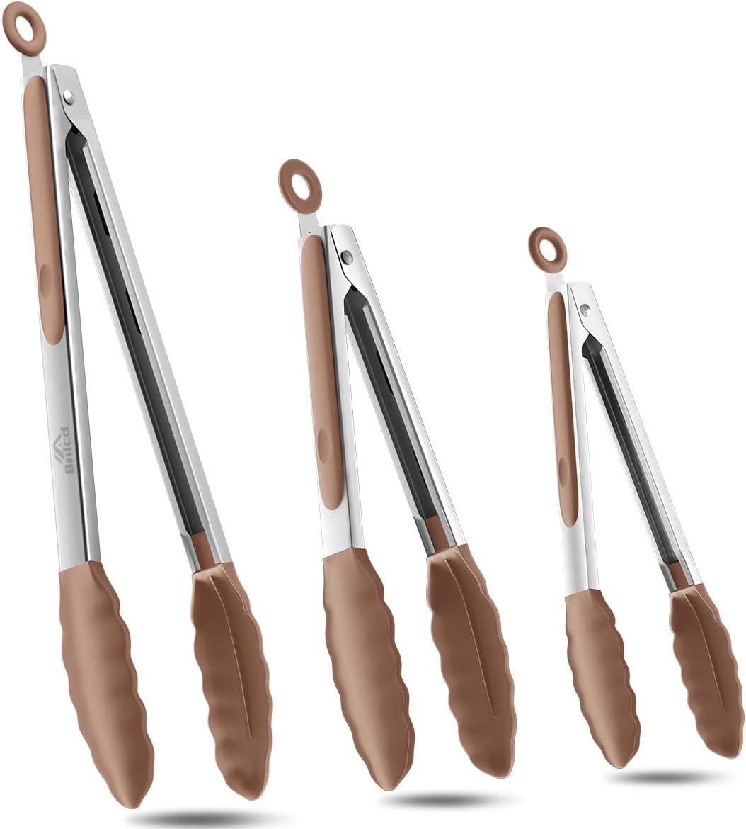 Good Grip Cooking Tongs with Silicone Tips, Set of 3-7" 9" and 12" | 600ºF Heat Resistant, 5-Layer Heavy Duty Stainless Steel, Pull Lock, Non Stick - Kitchen Tongs for Salad, Cooking and Frying
