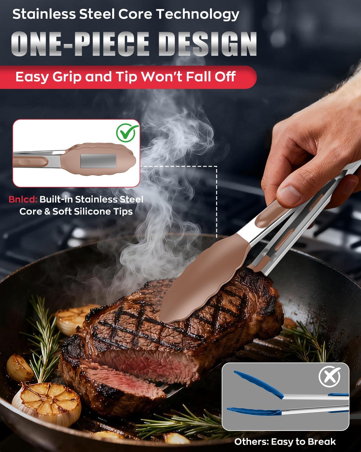 Good Grip Cooking Tongs with Silicone Tips, Set of 3-7" 9" and 12" | 600ºF Heat Resistant, 5-Layer Heavy Duty Stainless Steel, Pull Lock, Non Stick - Kitchen Tongs for Salad, Cooking and Frying