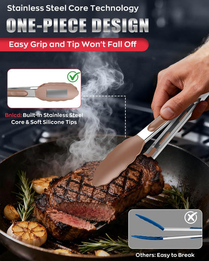 Good Grip Cooking Tongs with Silicone Tips, Set of 3-7" 9" and 12" | 600ºF Heat Resistant, 5-Layer Heavy Duty Stainless Steel, Pull Lock, Non Stick - Kitchen Tongs for Salad, Cooking and Frying