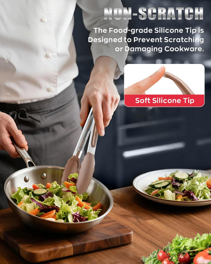Good Grip Cooking Tongs with Silicone Tips, Set of 3-7" 9" and 12" | 600ºF Heat Resistant, 5-Layer Heavy Duty Stainless Steel, Pull Lock, Non Stick - Kitchen Tongs for Salad, Cooking and Frying