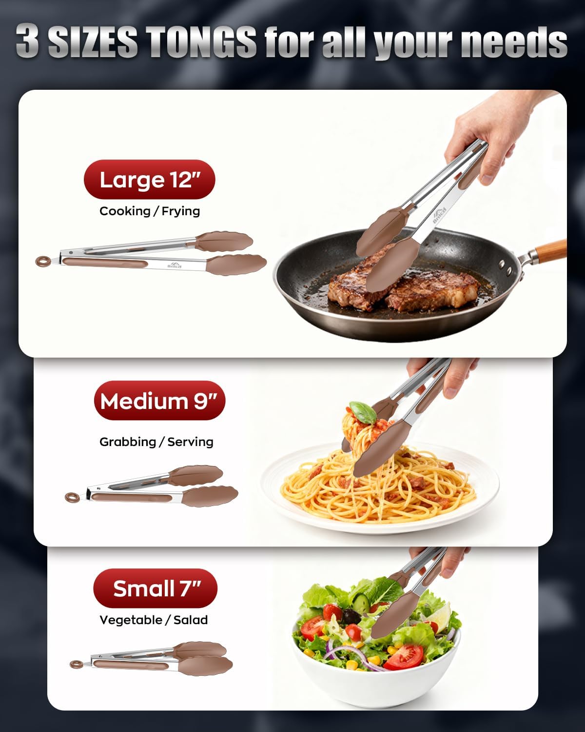 Good Grip Cooking Tongs with Silicone Tips, Set of 3-7" 9" and 12" | 600ºF Heat Resistant, 5-Layer Heavy Duty Stainless Steel, Pull Lock, Non Stick - Kitchen Tongs for Salad, Cooking and Frying