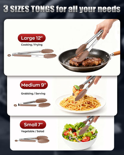 Good Grip Cooking Tongs with Silicone Tips, Set of 3-7" 9" and 12" | 600ºF Heat Resistant, 5-Layer Heavy Duty Stainless Steel, Pull Lock, Non Stick - Kitchen Tongs for Salad, Cooking and Frying