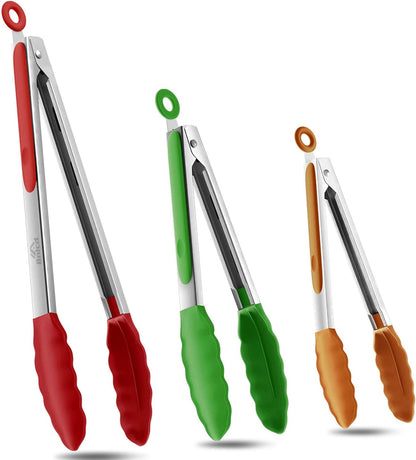 Good Grip Cooking Tongs with Silicone Tips, Set of 3-7" 9" and 12" | 600ºF Heat Resistant, 5-Layer Heavy Duty Stainless Steel, Pull Lock, Non Stick - Kitchen Tongs for Salad, Cooking and Frying