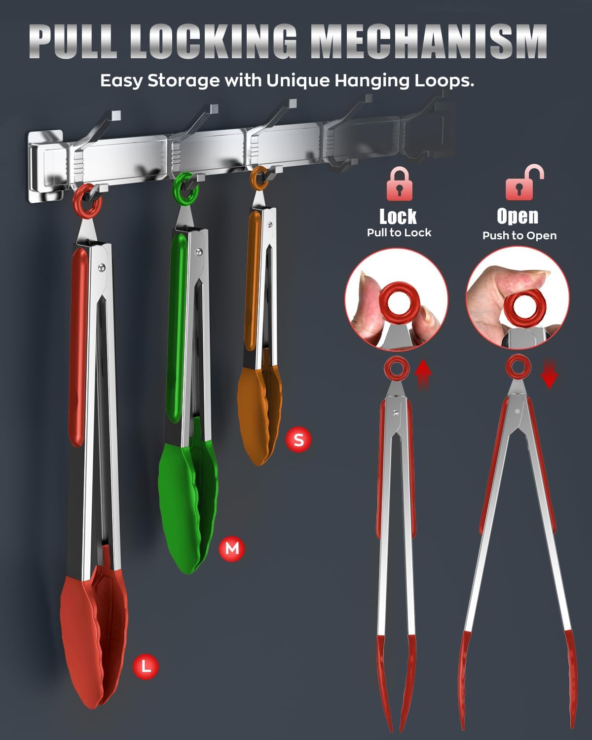 Good Grip Cooking Tongs with Silicone Tips, Set of 3-7" 9" and 12" | 600ºF Heat Resistant, 5-Layer Heavy Duty Stainless Steel, Pull Lock, Non Stick - Kitchen Tongs for Salad, Cooking and Frying
