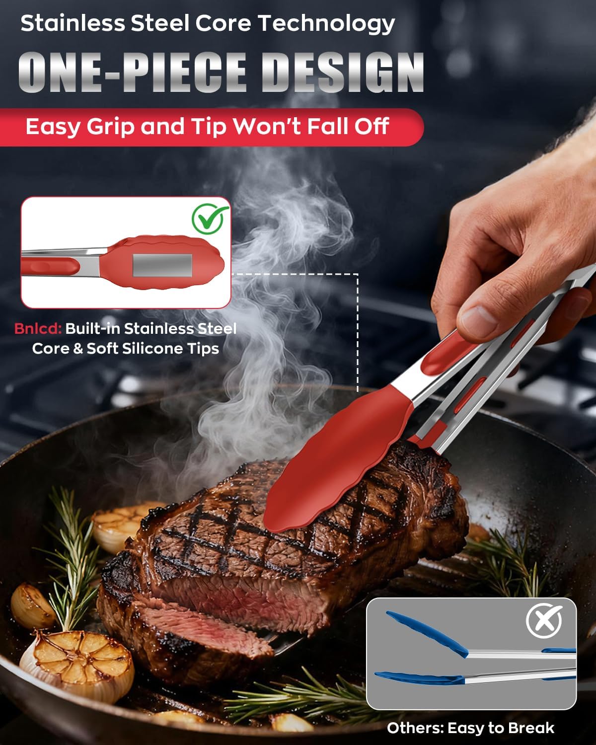 Good Grip Cooking Tongs with Silicone Tips, Set of 3-7" 9" and 12" | 600ºF Heat Resistant, 5-Layer Heavy Duty Stainless Steel, Pull Lock, Non Stick - Kitchen Tongs for Salad, Cooking and Frying