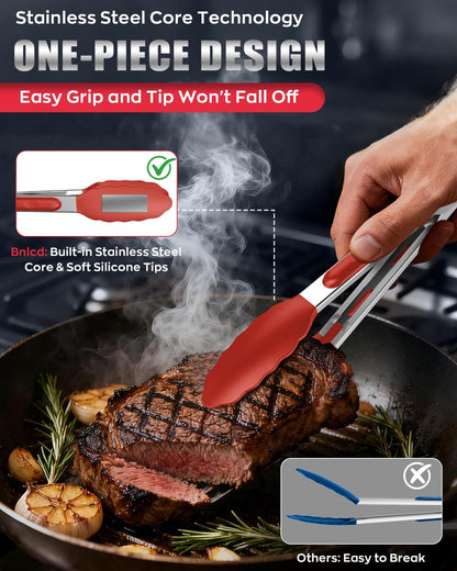 Good Grip Cooking Tongs with Silicone Tips, Set of 3-7" 9" and 12" | 600ºF Heat Resistant, 5-Layer Heavy Duty Stainless Steel, Pull Lock, Non Stick - Kitchen Tongs for Salad, Cooking and Frying
