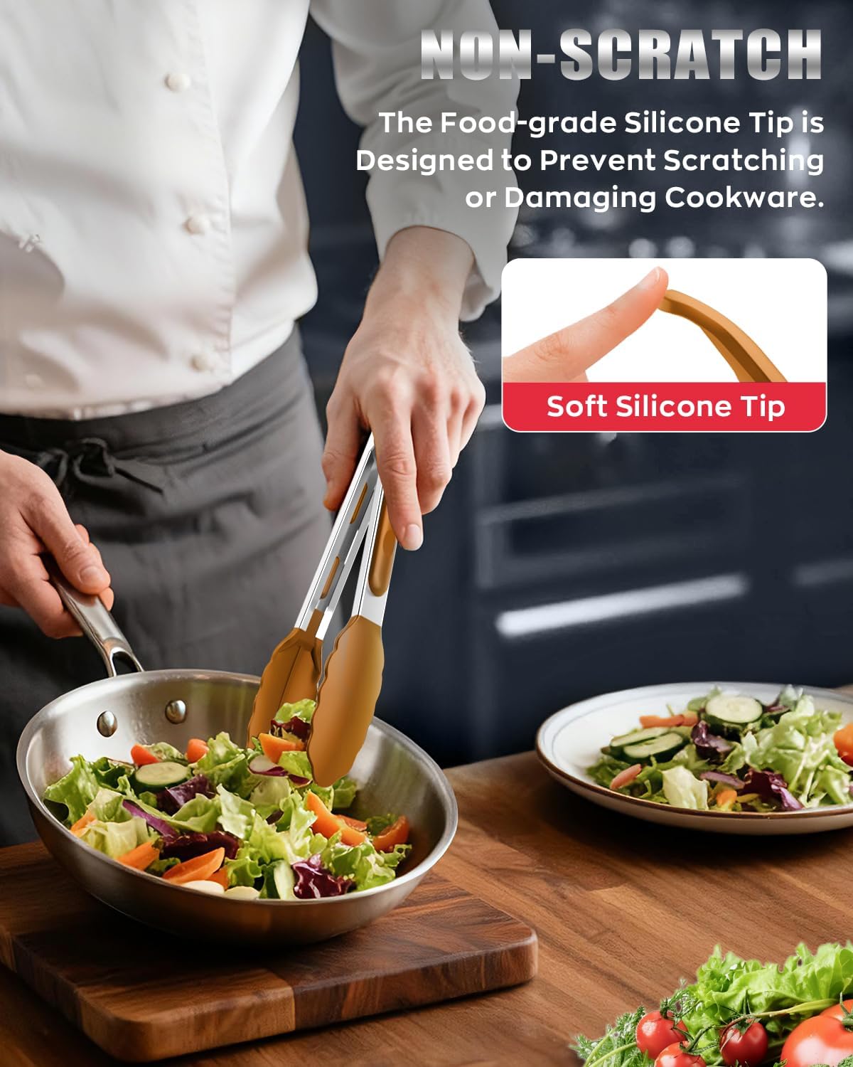 Good Grip Cooking Tongs with Silicone Tips, Set of 3-7" 9" and 12" | 600ºF Heat Resistant, 5-Layer Heavy Duty Stainless Steel, Pull Lock, Non Stick - Kitchen Tongs for Salad, Cooking and Frying