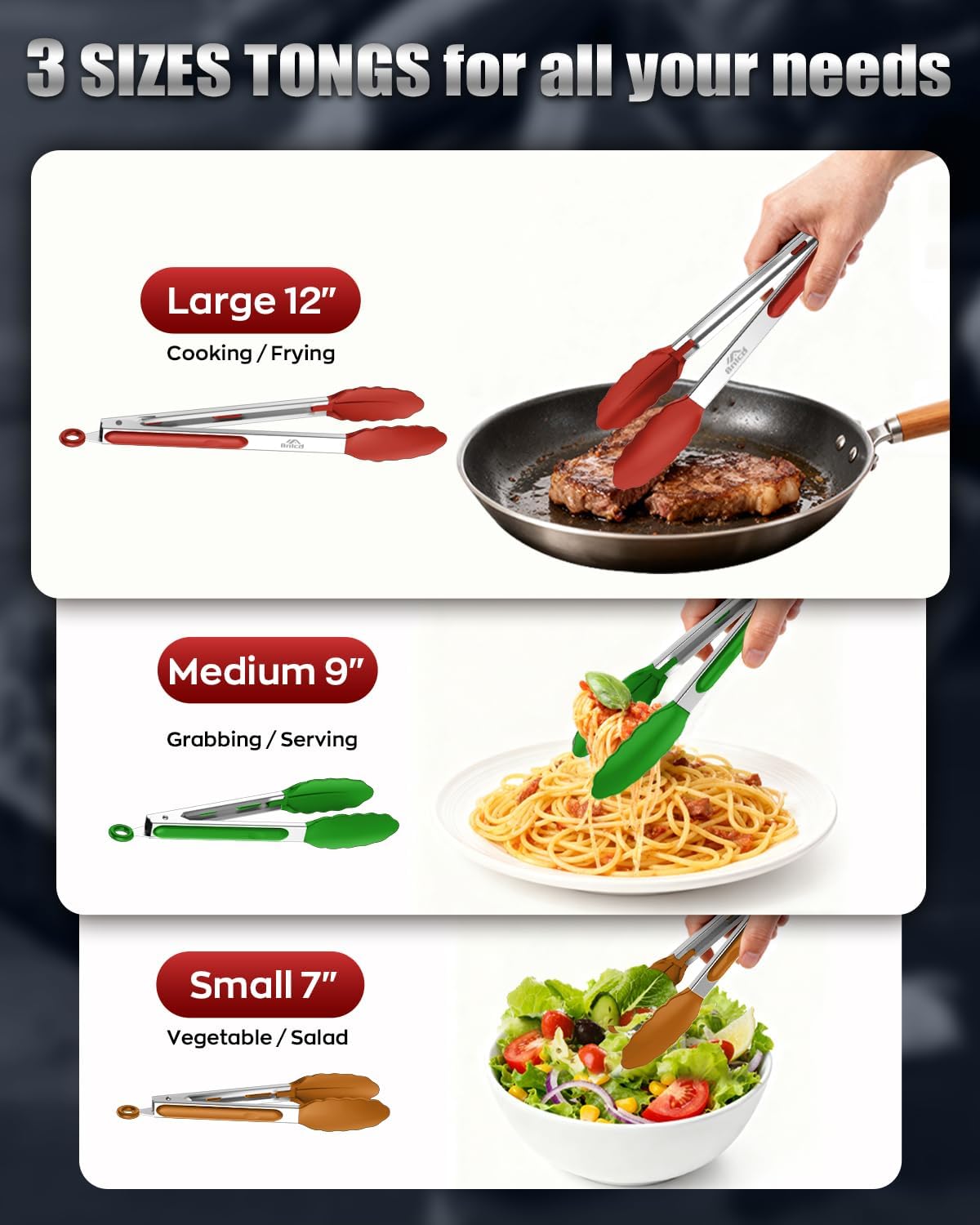 Good Grip Cooking Tongs with Silicone Tips, Set of 3-7" 9" and 12" | 600ºF Heat Resistant, 5-Layer Heavy Duty Stainless Steel, Pull Lock, Non Stick - Kitchen Tongs for Salad, Cooking and Frying