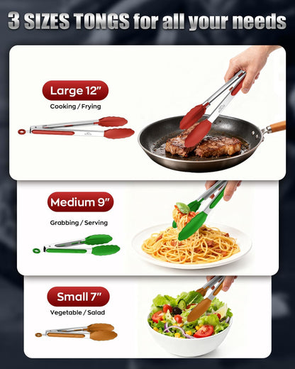 Good Grip Cooking Tongs with Silicone Tips, Set of 3-7" 9" and 12" | 600ºF Heat Resistant, 5-Layer Heavy Duty Stainless Steel, Pull Lock, Non Stick - Kitchen Tongs for Salad, Cooking and Frying